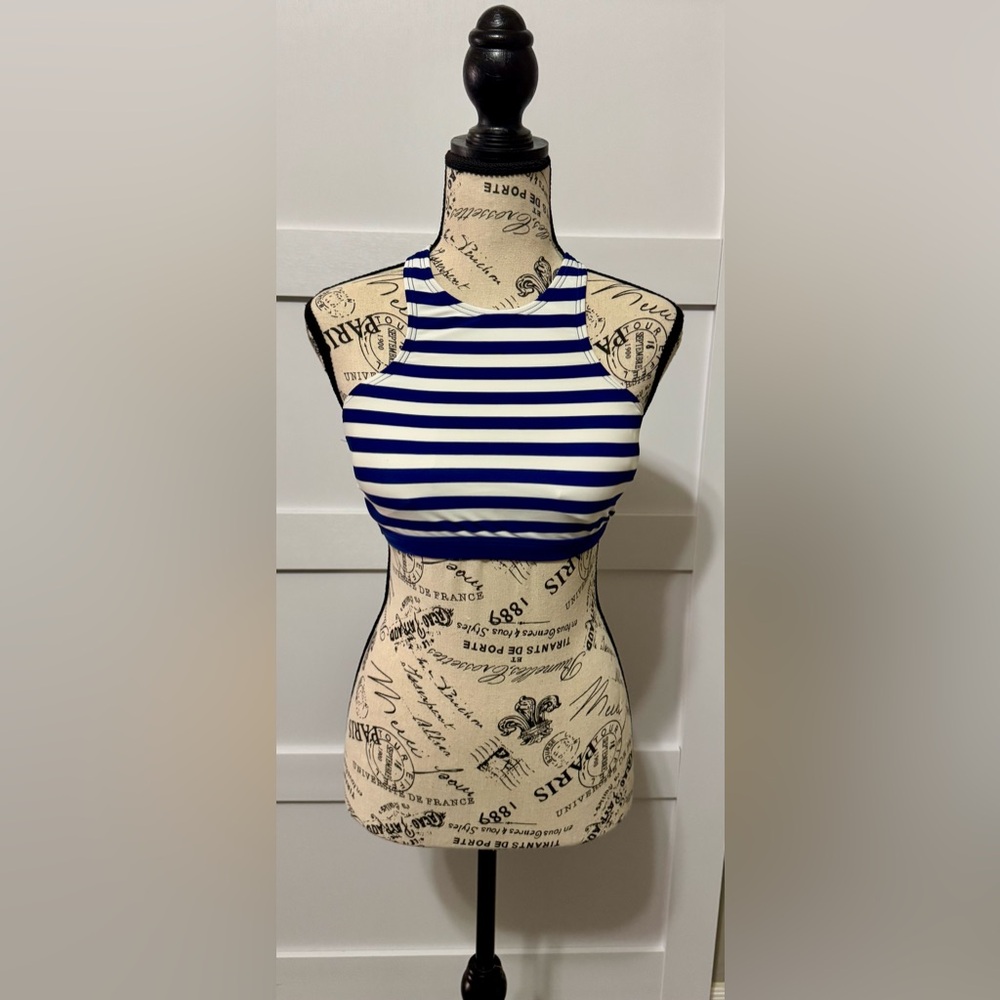 MICHAEL KORS Cruise Dark Azurite blue white stripes Halter Bikini Top, Size XS